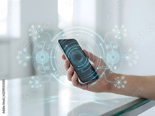 A person holding a smartphone displaying advanced digital marketing holographic data visualization for modern business analysis and global connectivity concepts