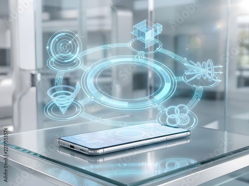 A futuristic smartphone displaying a glowing digital marketing holographic interface with various business icons floating above the screen surface area
