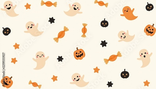 Seamless pattern design for Halloween, cute minimalist flat icons of little ghosts, spider webs, wrapped candy