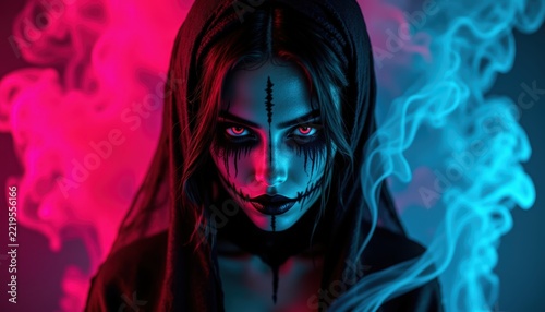 High fashion dark conceptual portrait of a model with artistic Halloween gothic makeup