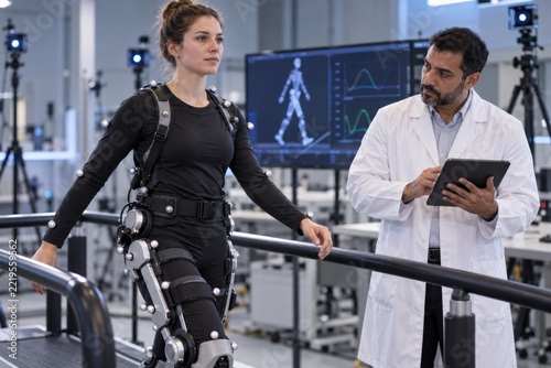 A research participant walks on a treadmill in a full-leg exoskeleton while a scientist reviews balance data. Motion analysis advancing wearable rehabilitation technology