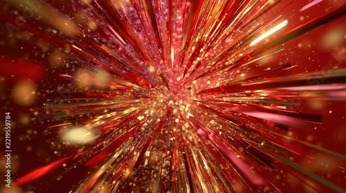 Explosion of red and gold abstract particles during a dynamic celebration against a dark background with bokeh