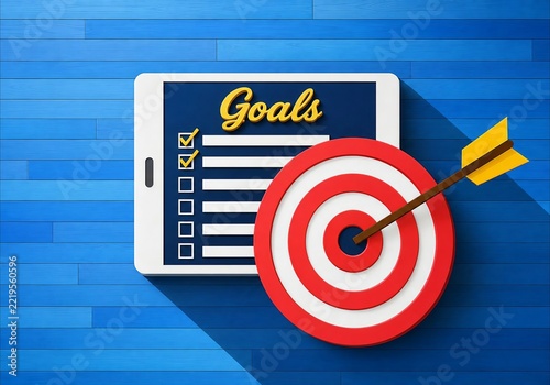 Goal checklist with target arrow on digital tablet