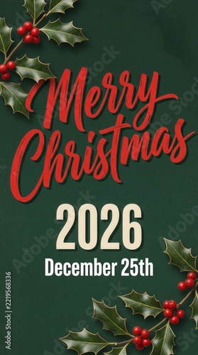 Merry Christmas 2026 Holiday Greeting Card Design With Holly Berries And Festive Typography

