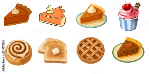 Cute Watercolor Style Bakery Collection: Pumpkin Pie, Cinnamon Roll, Cupcake, and Buttered Toast