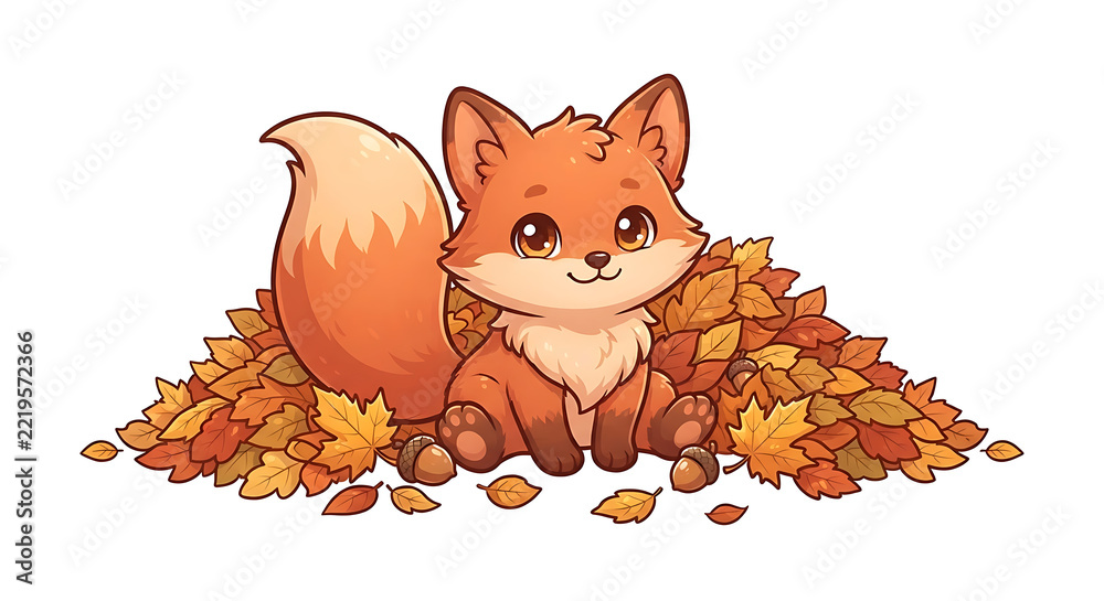 Naklejka premium Cute Kawaii Fox Sitting in Pile of Autumn Leaves with Acorns
