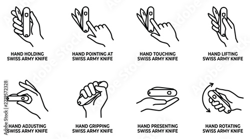 Hand holding Swiss army knife icon set with white line art on transparent background.