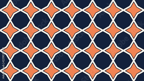 Islamic geometric seamless pattern, ribbon band sharp square star and cross in navy, coral and grey, Arabic tile wallpaper for textile, fabric and print