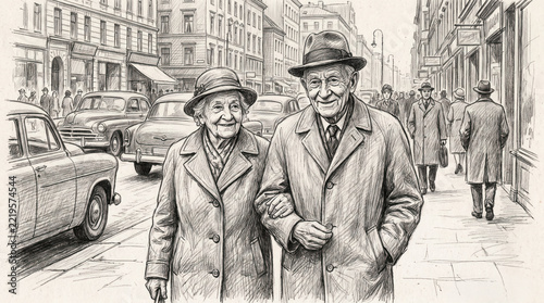 A charming pencil sketch of an elderly couple walking arm-in-arm down a city street, capturing a tender moment of long-lasting love and companionship in an urban setting.