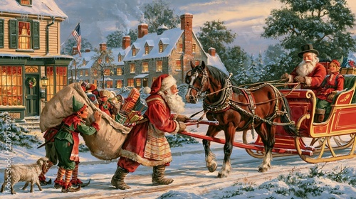 Santa Claus with elves and reindeer delivering presents in a snowy village during Christmas evening with warm house lights