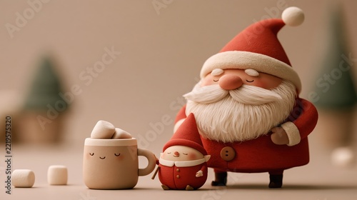 Charming Santa Claus with a tiny elf beside a mug of hot cocoa with marshmallows during winter holidays