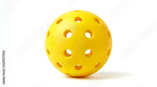 Bright yellow perforated pickleball with holes, racket sport equipment
