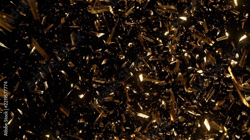Golden glass shards exploding in darkness with dramatic spotlight creating a sense of chaos and celebration