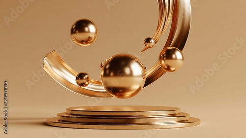 Polished gold spheres and fluid ribbon in a minimalist studio with soft ambient lighting