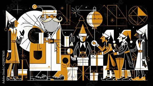 Santa Claus with elves preparing gifts during a festive holiday season with geometric background and warm lighting
