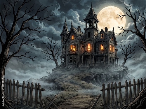 Spooky Halloween Night Scene with Haunted House in a Dark Forest, Full Moon, Silhouette Trees, Flying Bats and Eerie Autumn Landscape Illustration