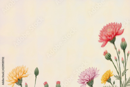 Pink yellow chrysanthemums flat design with green buds on soft