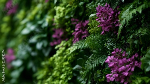 A lush vertical garden wall featuring vibrant green ferns and clusters of vivid purple flowers in soft focus