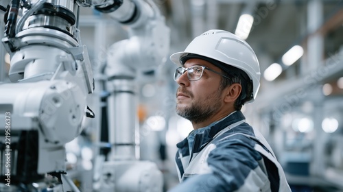 Wide factory banner with a worker in a white helmet and safety vest beside a white collaborative robot arm, positioned on the left of a clean smart assembly line.