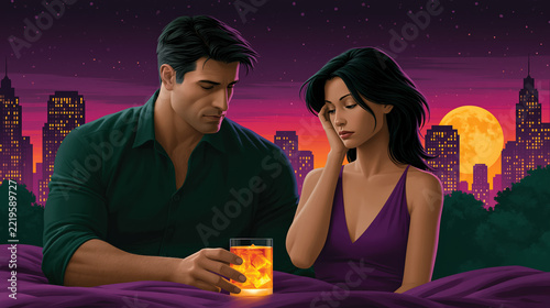 Couple emotional distance in bedroom at night for relationship stress and mental health concept