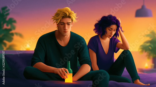 Couple relationship stress with alcohol in bedroom for emotional conflict and mental health