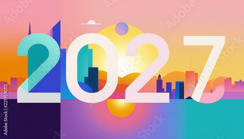 2027 abstract illustration with city skyline with bright vibrant colors and geometric shapes 