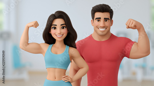 Animated fitness couple flexing arms for strength training and healthy lifestyle concept