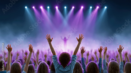 Concert crowd with purple stage lights for live music festival and audience energy
