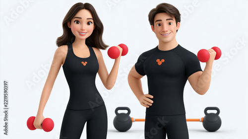 Animated fitness couple with dumbbells for strength training and healthy workout lifestyle