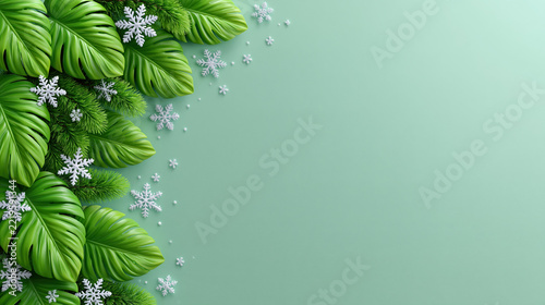 Tropical leaves winter background with snowflakes for holiday product design and seasonal branding