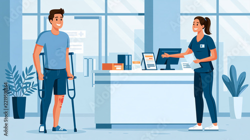 Young man using crutches at a clinic reception desk