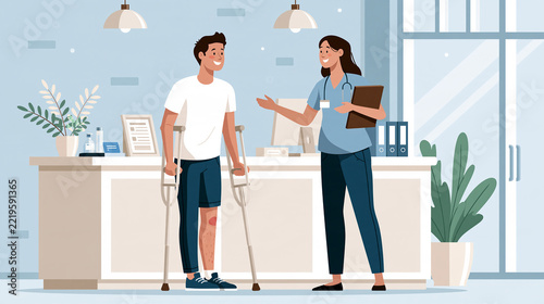 Young man using crutches at clinic reception desk
