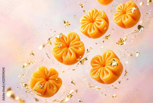 Thai thong yip golden flower dessert floating with gold leaf, pastel background, 5K