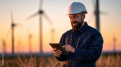 Renewable energy technician checking tablet at wind farm during sunset