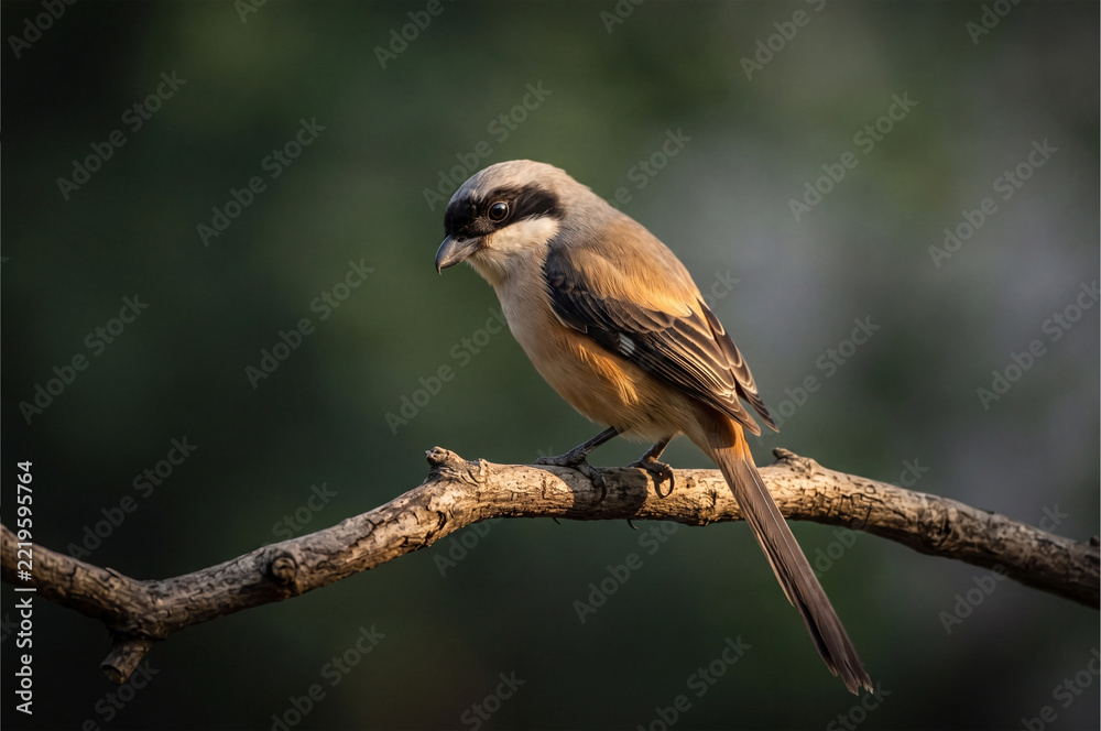 Obraz premium Shrike on a branch before deep background 