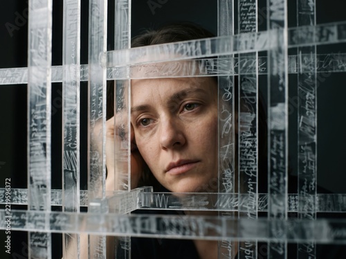 Woman trapped in a transparent cage of repetitive thoughts, symbolizing rumination, anxiety, overthinking, and mental exhaustion