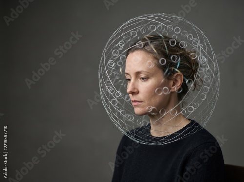 Woman experiencing rumination, surrounded by thought bubbles representing repetitive worries, overthinking, intrusive thoughts, and mental exhaustion