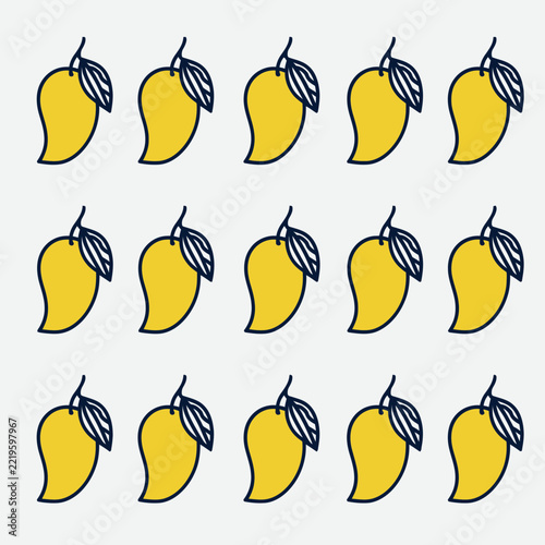 Grid of stylized yellow mango fruits with leaves