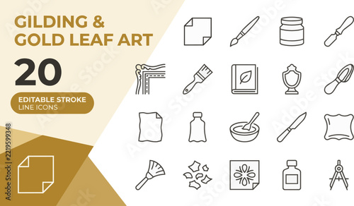 Fotografie Set of twenty gilding and gold leaf art line icons on transparent background Editable Stroke