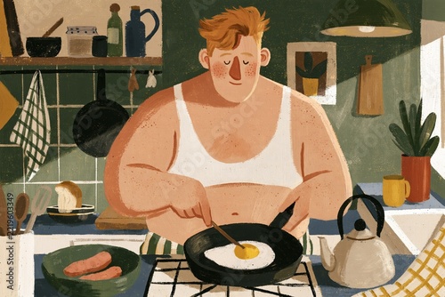 A curvy man cooking breakfast in a cozy kitchen setting with a warm and peaceful atmosphere