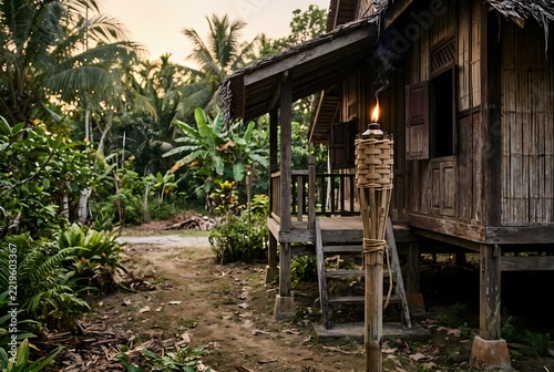 Traditional Bamboo Torch Beside Malay Village House