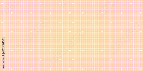 Pastel Peach Yellow Plaid Seamless Pattern with White Hearts Background