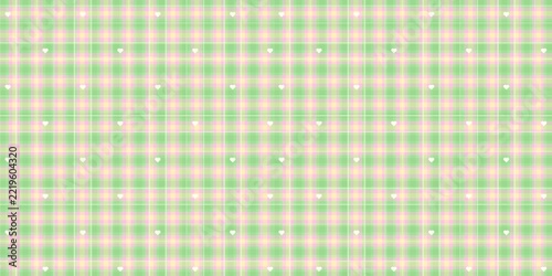 Pastel Green Plaid Seamless Pattern with White Hearts Background