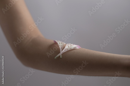 Flower petals resting delicately on an arm