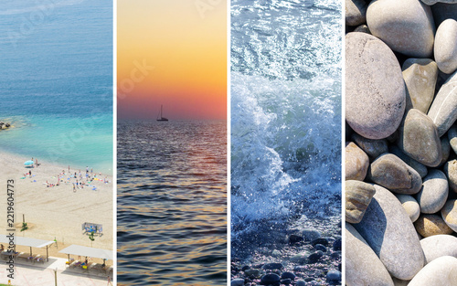 Seaside vacation collage, sandy beach, sunset yacht, ocean splash and pebbles banner