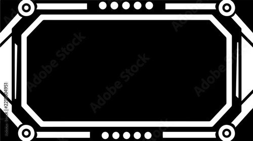 Rectangular frame with circular accents is a white vector illustration on a black background