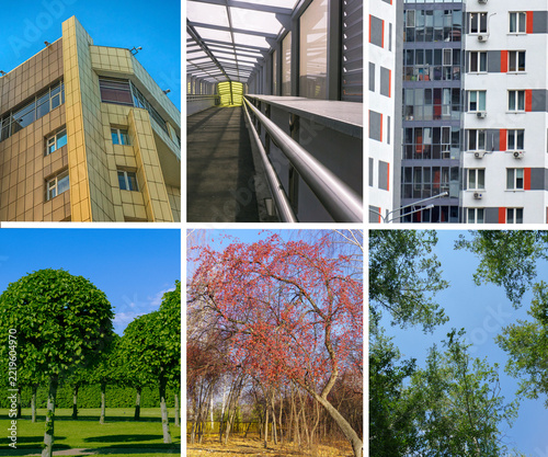 Modern city architecture and green park trees grid collage, urbanization vs nature banner