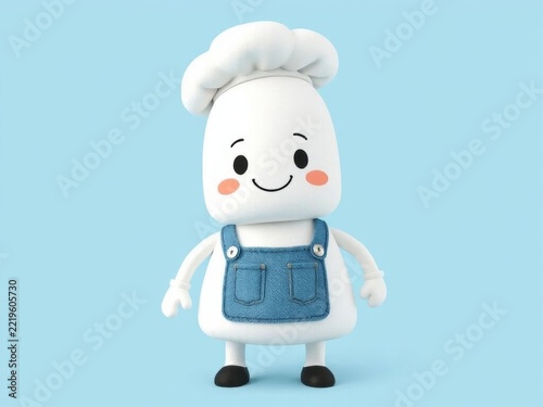 Cute 3D character mascot wearing a chef hat and denim overalls, isolated on a light blue background