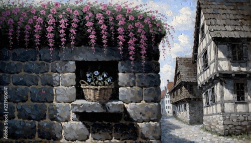 Charming medieval village street with blooming flowers and half-timbered houses