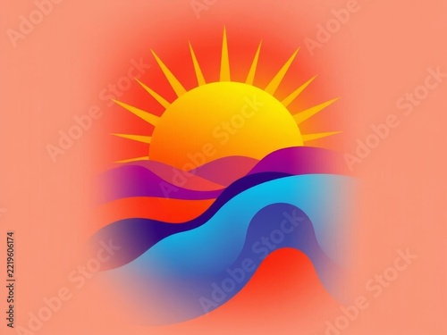 Abstract colorful sunset landscape with radiant sun and wavy hills